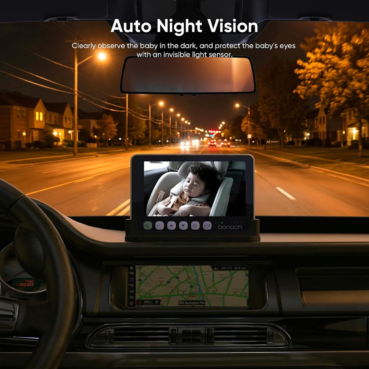 Rotating baby car mirror camera and rear-facing back seat monitor — view 3
