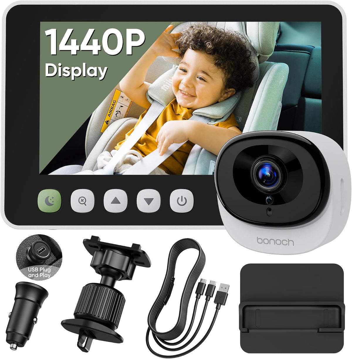 Rotating baby car mirror camera and rear-facing back seat monitor