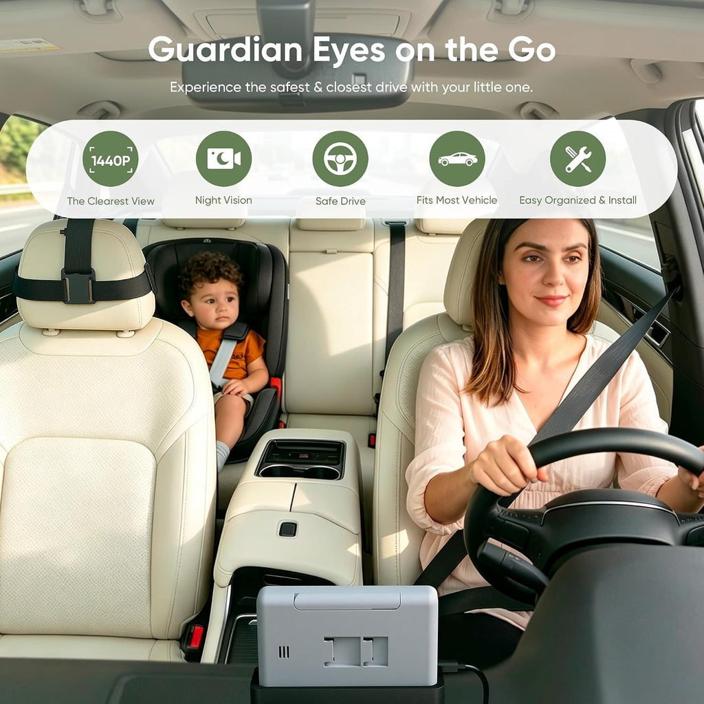 Rotating baby car mirror camera and rear-facing back seat monitor — view 1