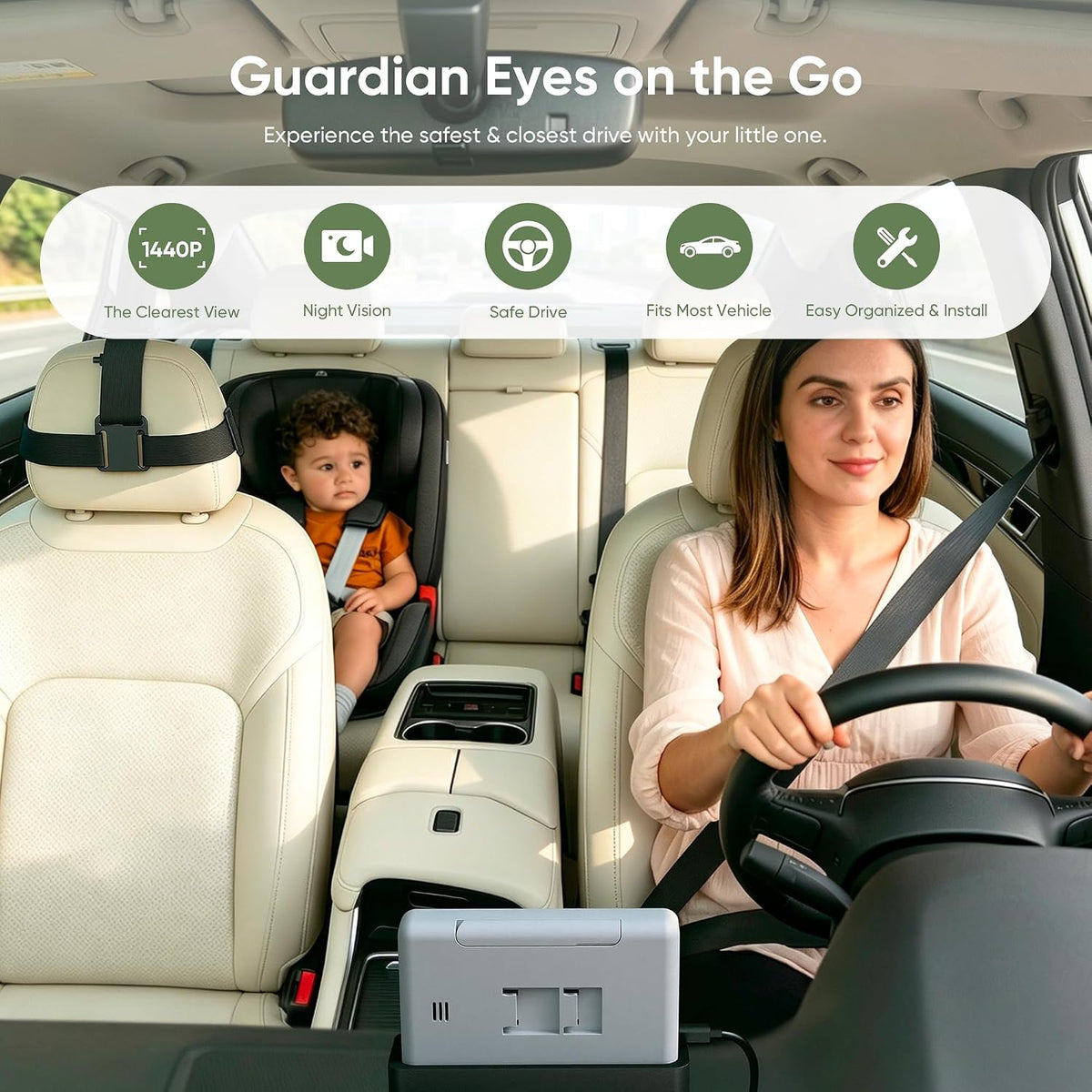Rotating baby car mirror camera and rear-facing back seat monitor — view 1