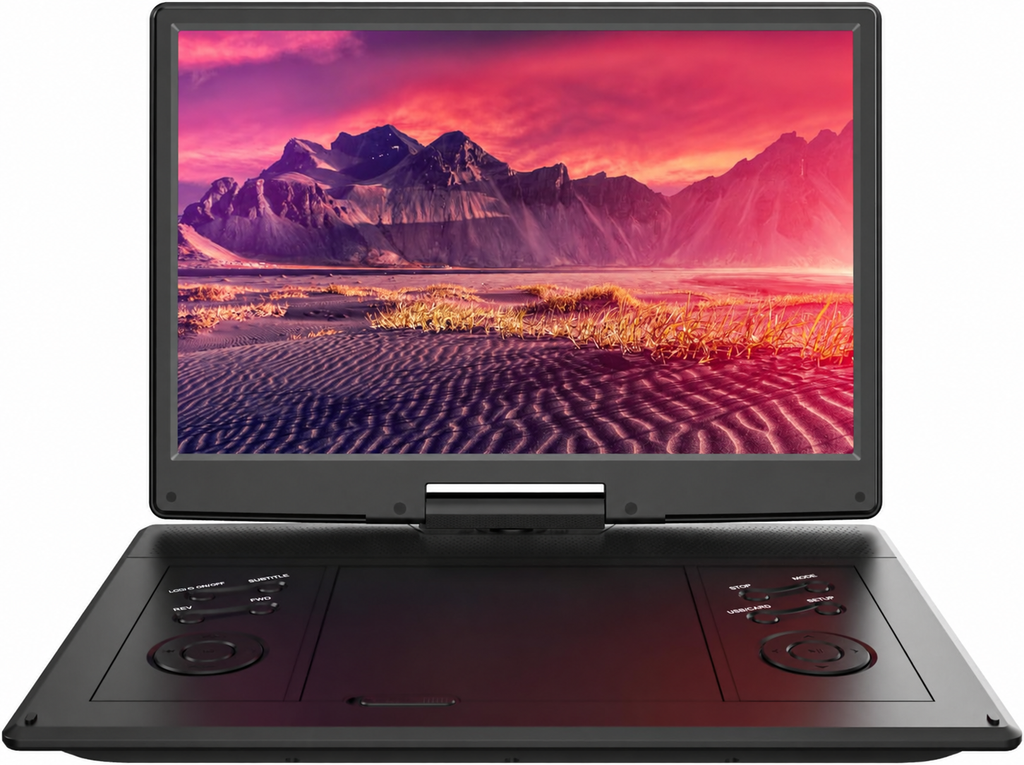15.7-inch Portable DVD Player with 14.1-inch HD Screen and 6-Hour Battery on a white background