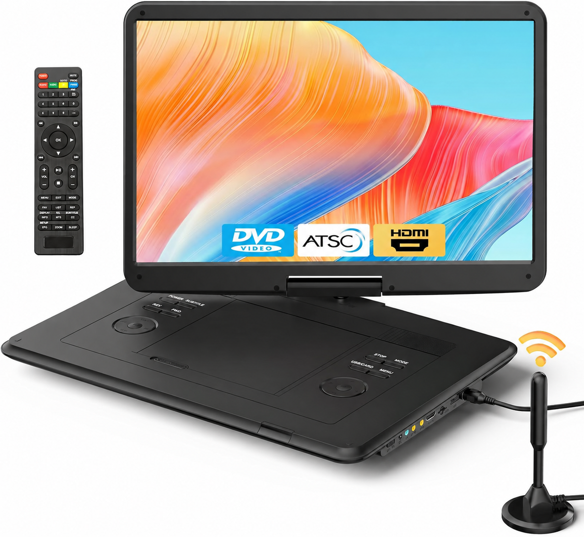 15.6-inch Portable DVD Player with ATSC TV & FM Radio on a white background