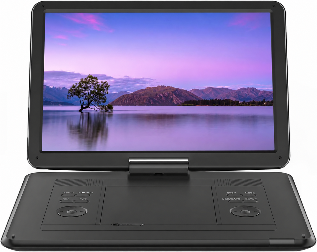 Large black portable DVD player on a white background
