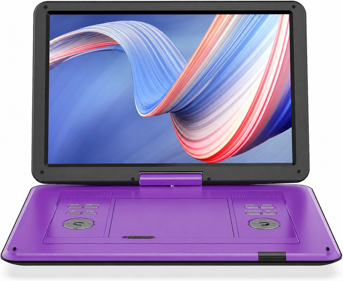 Large purple portable DVD player on a white background