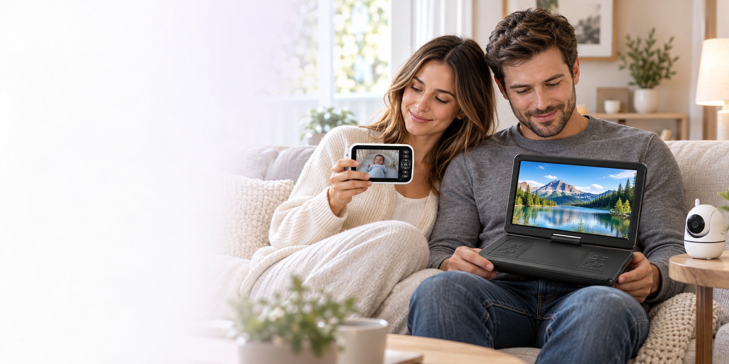 Parents using a portable DVD player and baby monitor together at home
