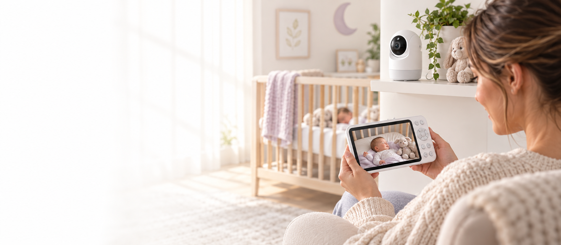 Parent checking a dedicated baby monitor beside a nursery crib